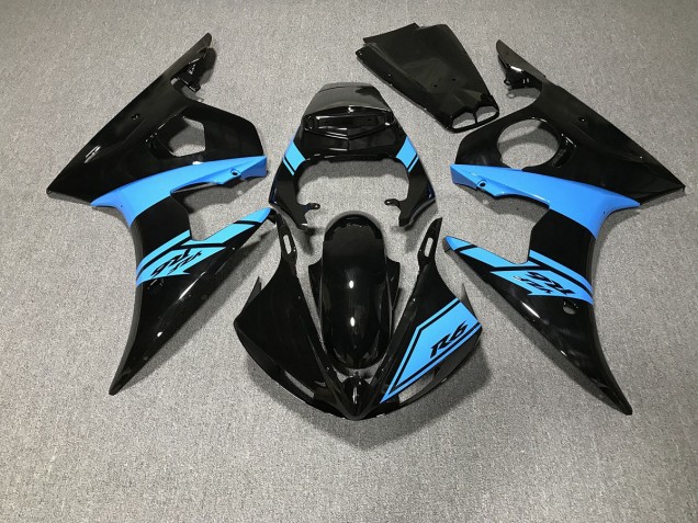 Gloss Black and Light Blue Yamaha R6 Fairings 2003-2005