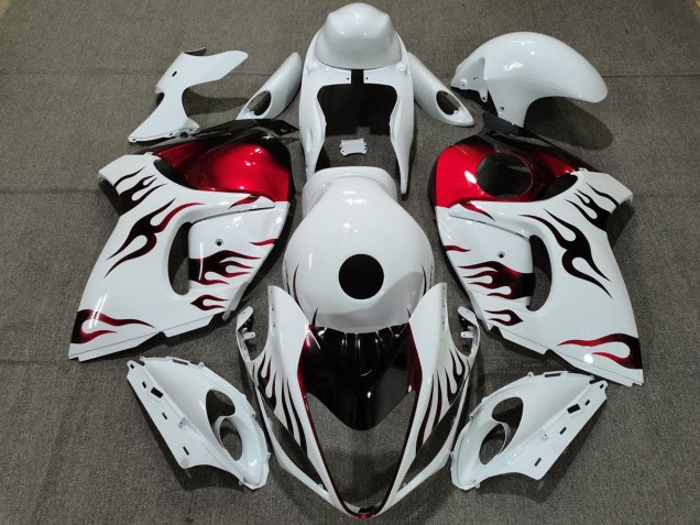 Gloss White & Red Flame Suzuki GSXR 1300 Fairings 2008-2019 Gloss White & Red Flame Suzuki GSXR 1300 Fairings 2008-2019