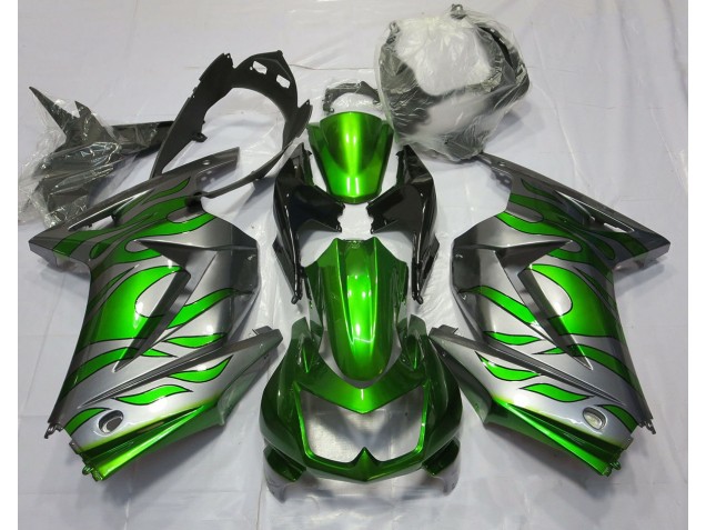 Green and Silver Flame Kawasaki Ninja 250 Fairings 2008-2013 Green and Silver Flame Kawasaki Ninja 250 Fairings 2008-2013