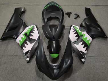 Matte Black and Green Shark Kawasaki ZX6R Fairings 2005-2006
