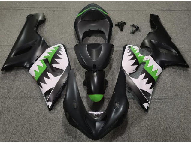 Matte Black and Green Shark Kawasaki ZX6R Fairings 2005-2006 Matte Black and Green Shark Kawasaki ZX6R Fairings 2005-2006